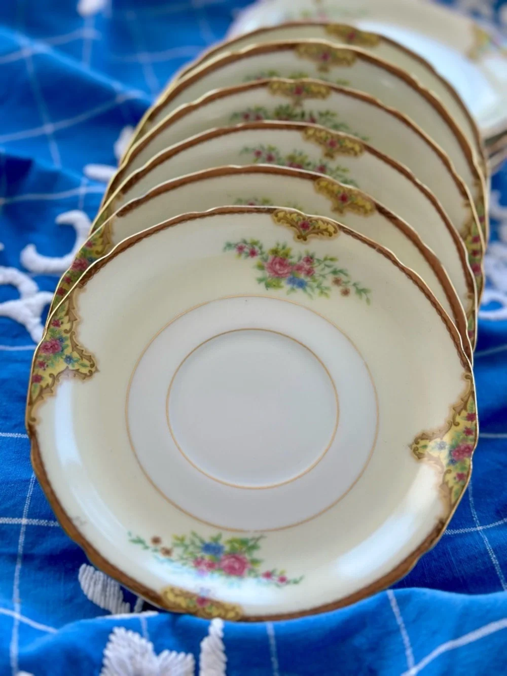 5 Vintage Floral Romantic China Saucer Plates Clarissa Rimmed Gold Germany